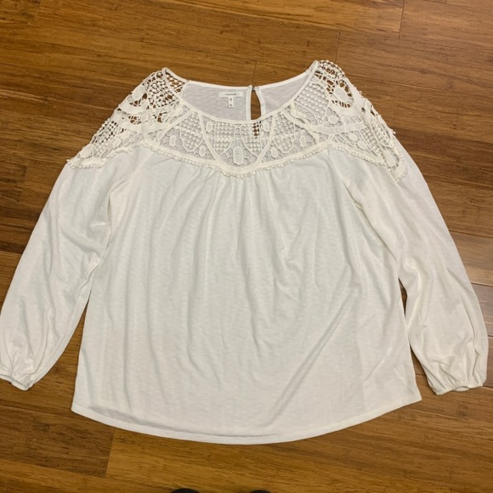 maurices Crochet‎ Trim Blouse Womens Size XL White Long Sleeve Top Boho Casual